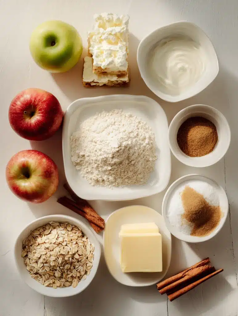 Apple Crumble Cheesecake Bars ingredients flat lay
