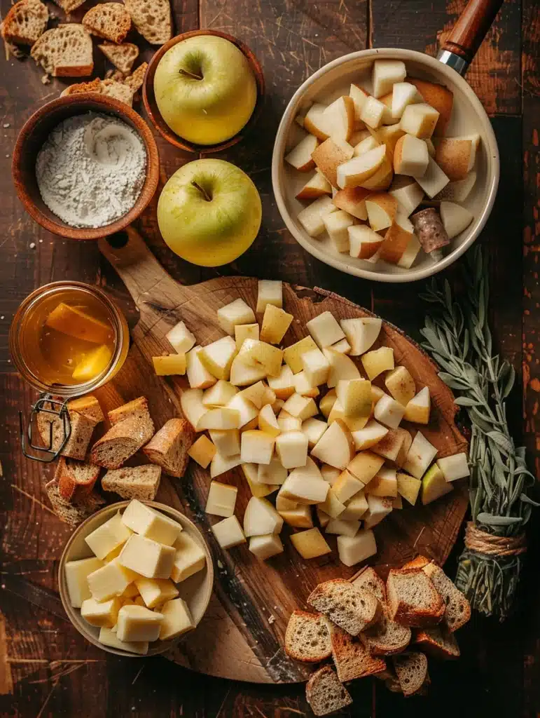 Ingredients for apple sausage stuffing bake on a festive kitchen counter