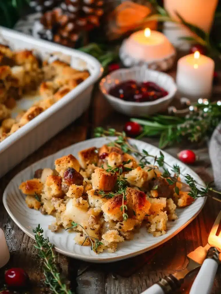Served portion of apple sausage stuffing bake on festive dinner plate