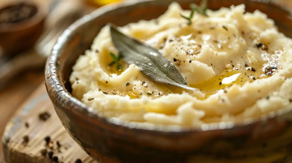 Brown butter mashed potatoes topped with crispy sage and brown butter drizzle