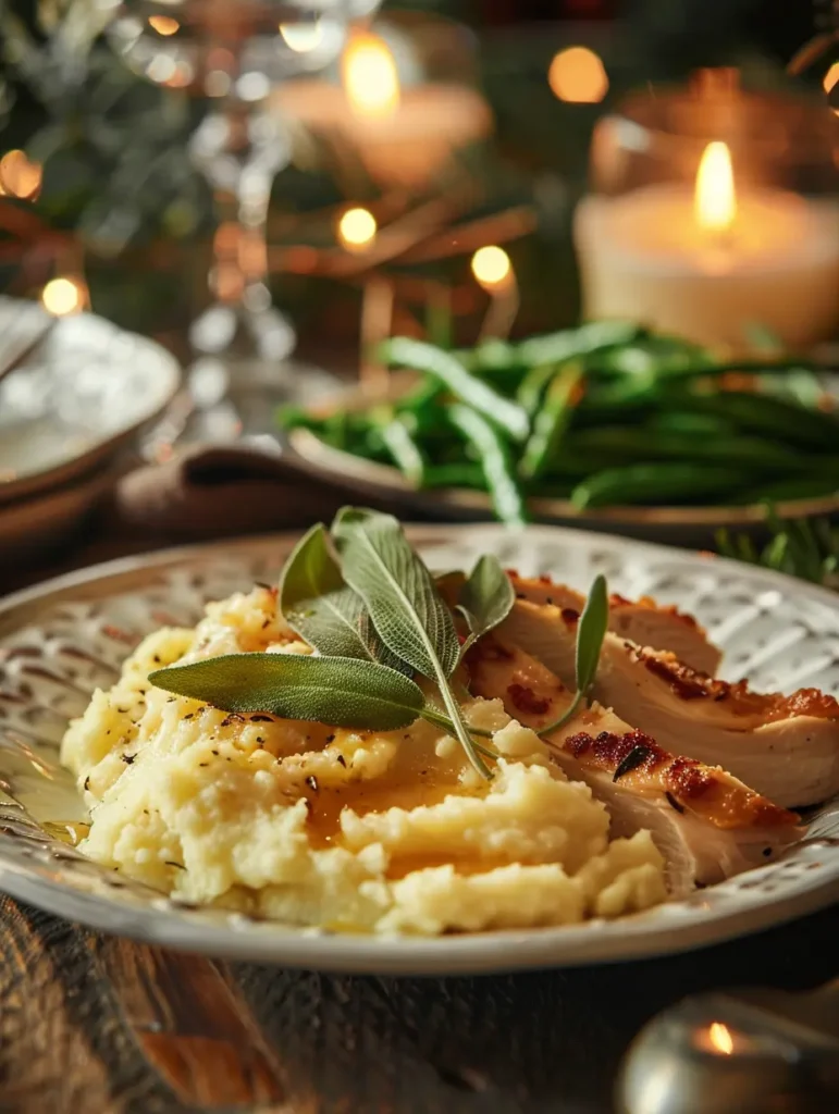 Brown butter mashed potatoes served with roasted chicken and sage