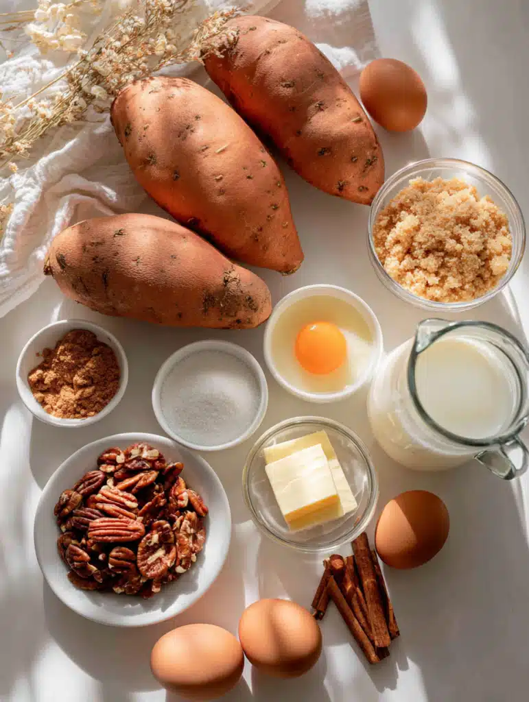 Ingredients for brown sugar pecan sweet potato bake