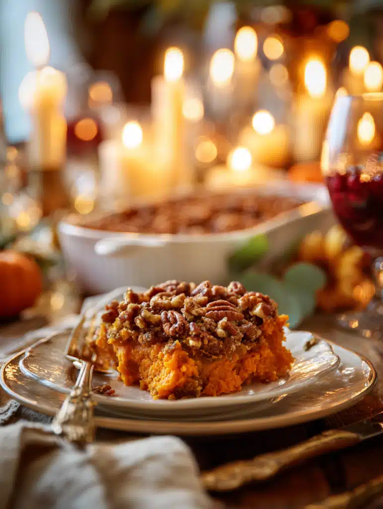 Serving brown sugar pecan sweet potato bake at Thanksgiving dinner