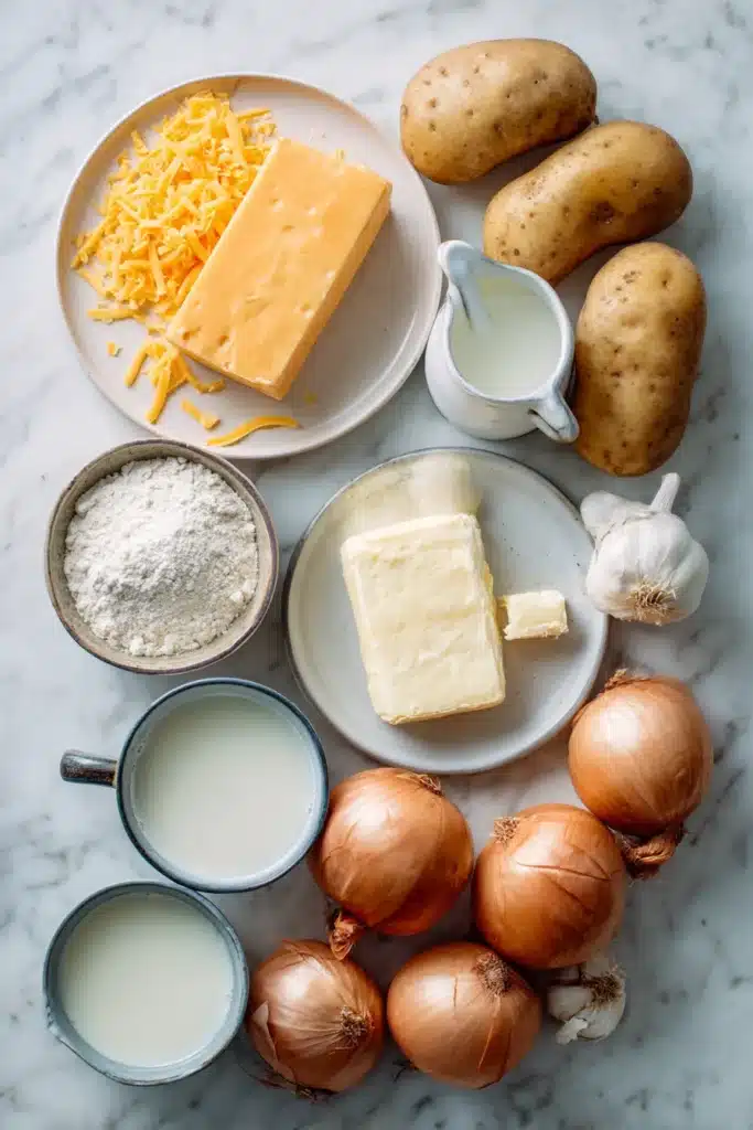 Ingredients for cheddar potato soup including potatoes and cheese
