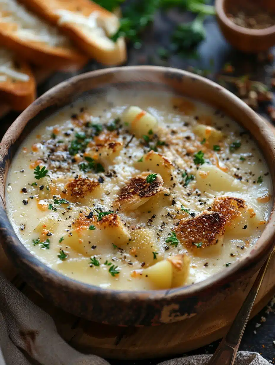 Final bowl of cheddar potato soup with recipe card