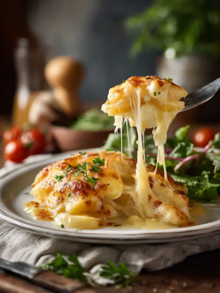 Serving Cheesy Crockpot Chicken and Potato Bake with Salad