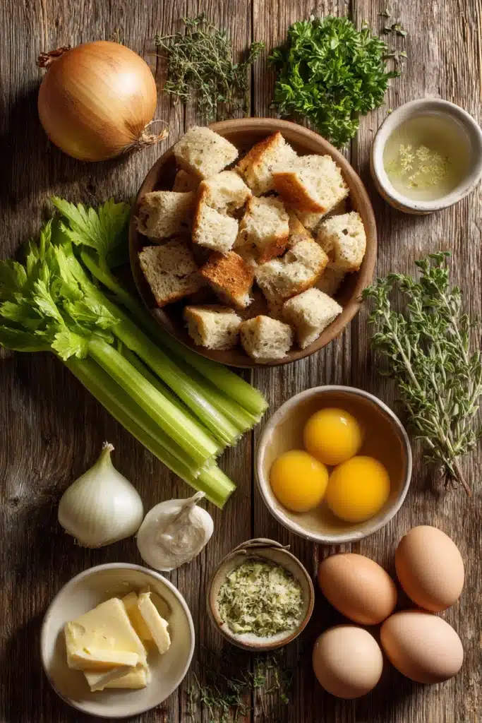 Ingredients for classic herb and celery stuffing — cubed bread, celery, onion, butter, eggs, and fresh herbs on a wooden surface.