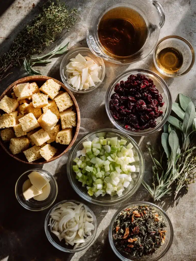 Ingredients for Cornbread and Cranberry Stuffing arranged on a kitchen counter.