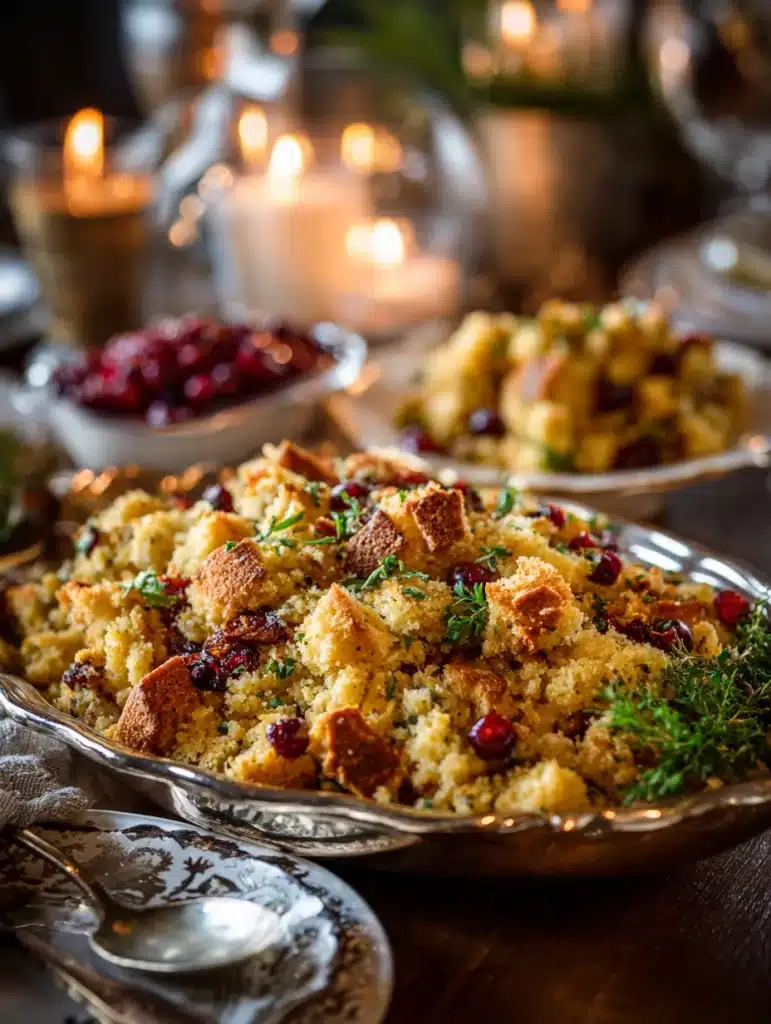 Holiday serving of Cornbread and Cranberry Stuffing with festive decor.