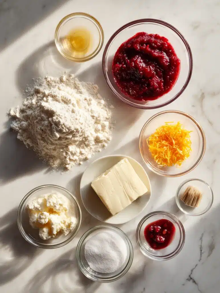Ingredients for cranberry cream cheese crescent bites – dough, cream cheese, cranberry sauce