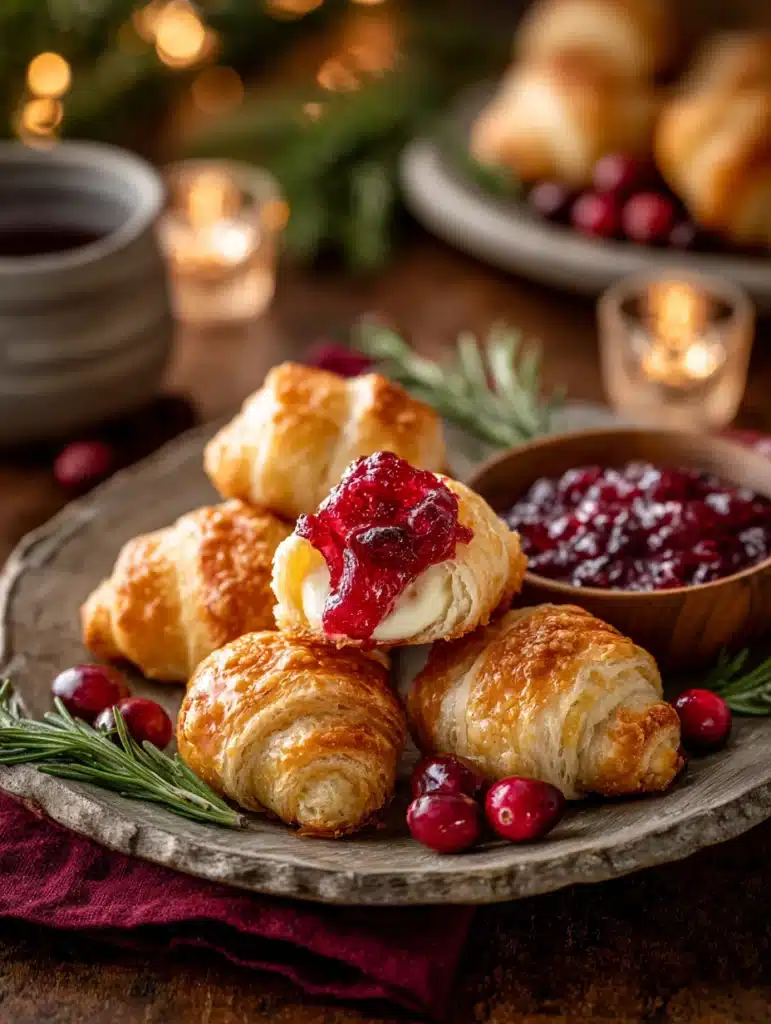 Cranberry cream cheese crescent bites served with cranberry sauce – holiday appetizer