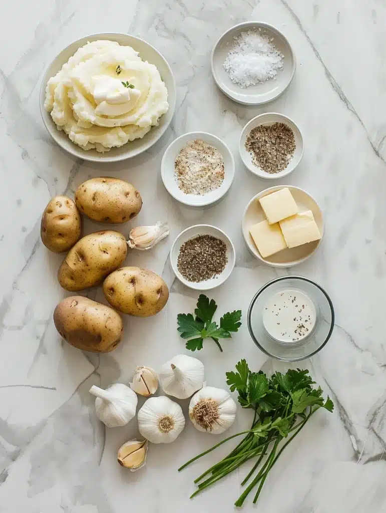 Ingredients for creamy garlic mashed potatoes arranged on marble counter