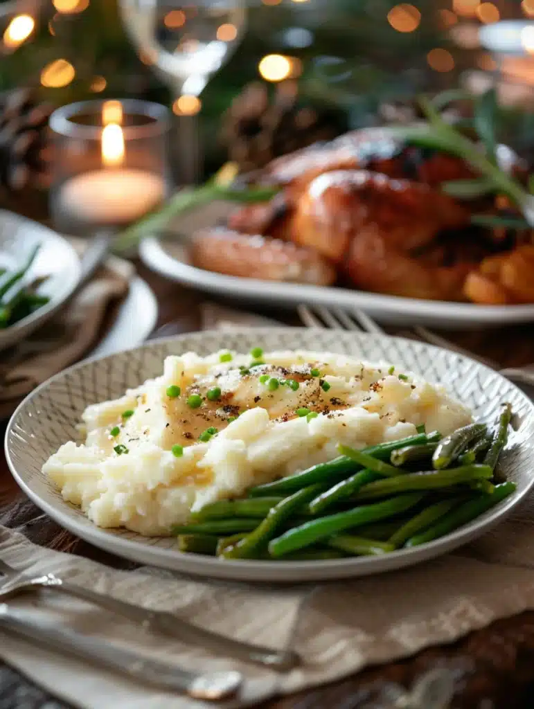 Creamy garlic mashed potatoes served with roasted chicken
