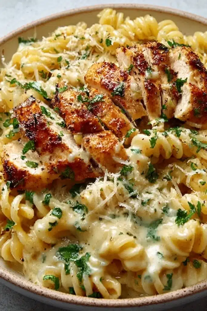 A serving of creamy garlic Parmesan chicken pasta on a white plate with fork