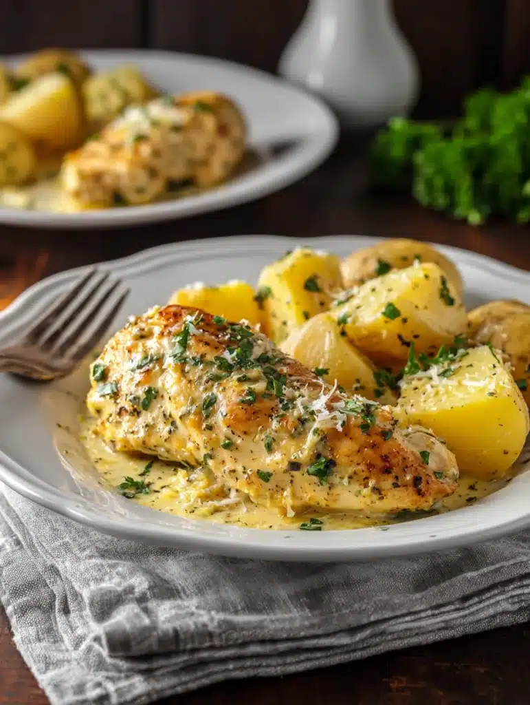 Creamy Garlic Parmesan Chicken and Potatoes Served with Garnish