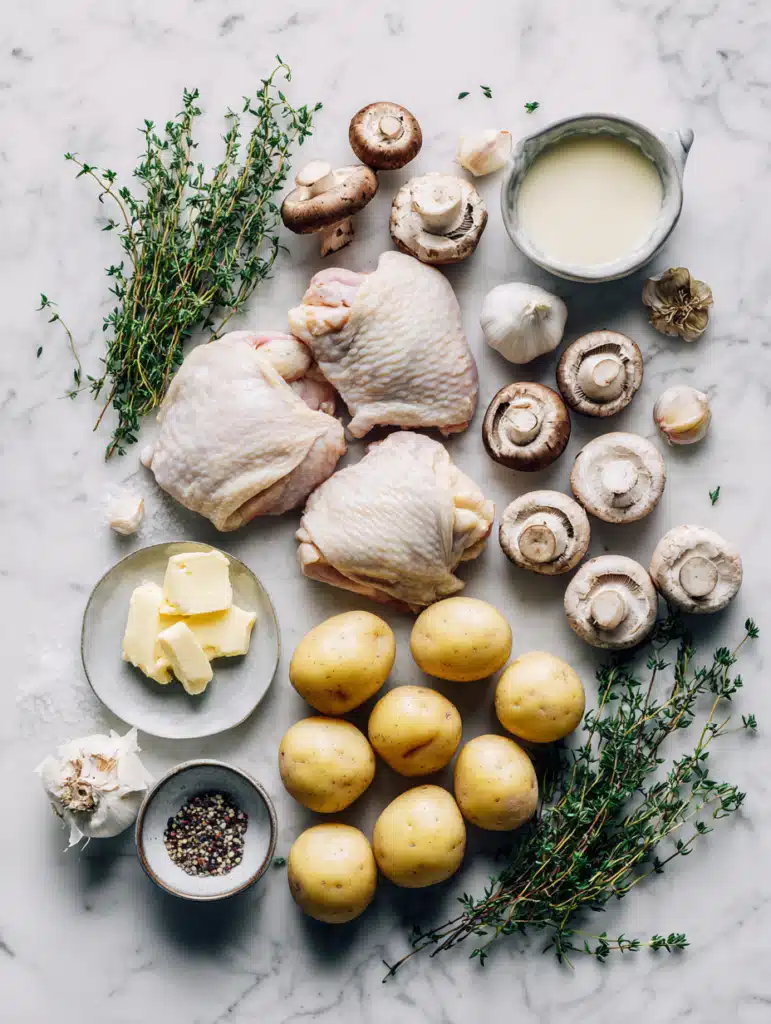 Ingredients for Creamy Mushroom Chicken and Potatoes on marble surface.