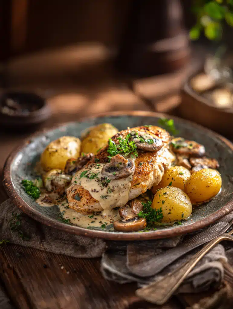 Plated Creamy Mushroom Chicken and Potatoes with fresh herbs.