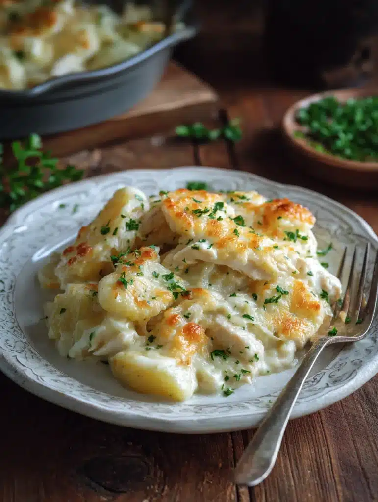 Plated Crockpot Chicken Alfredo Potatoes topped with parsley and cheese.