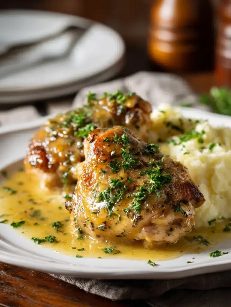 Served Crockpot Garlic Butter Chicken Thighs with Parsley and Sauce