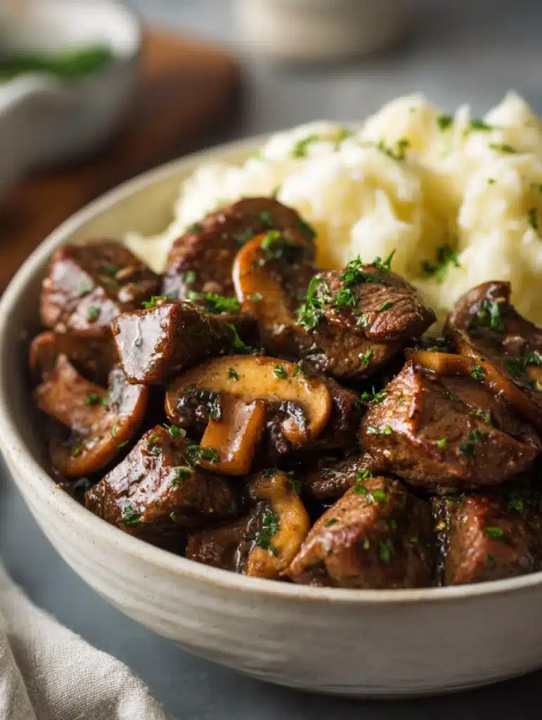 Crockpot steak bites with mushrooms served over mashed potatoes