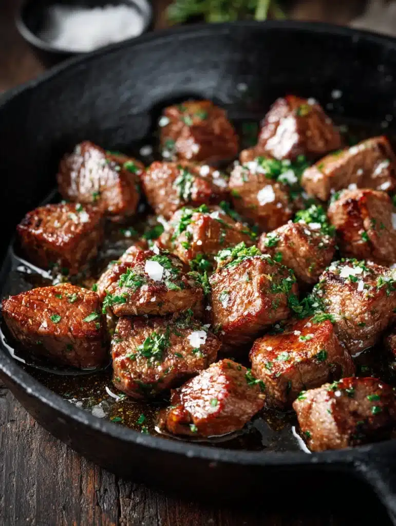 Garlic Butter Beef Bites served in bowl with potatoes