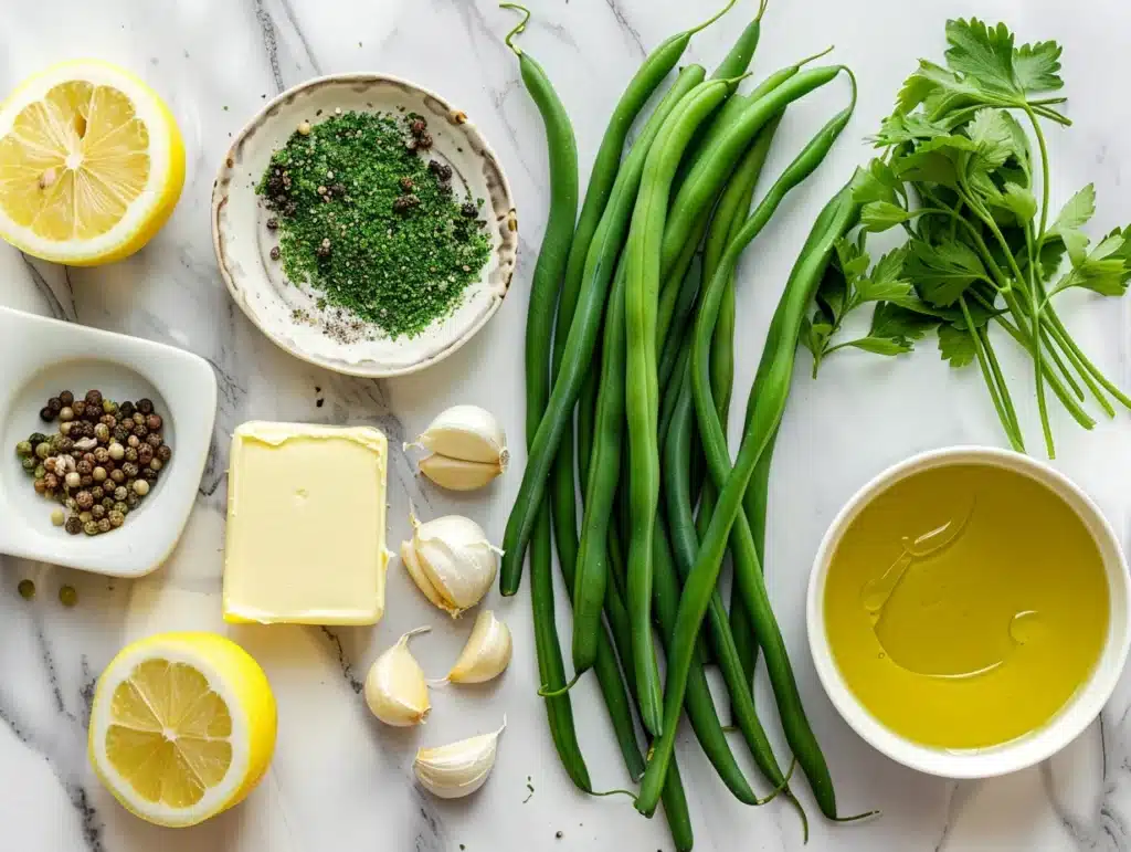 Ingredients for garlic green beans with lemon butter on marble countertop