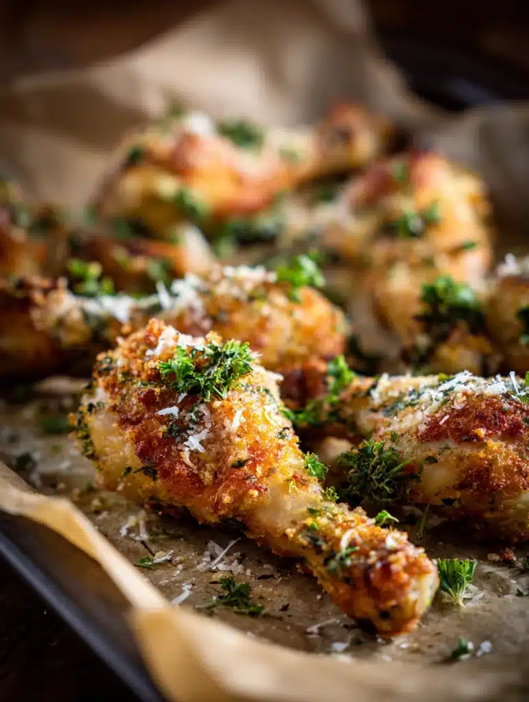 Plated garlic parmesan chicken drumsticks served