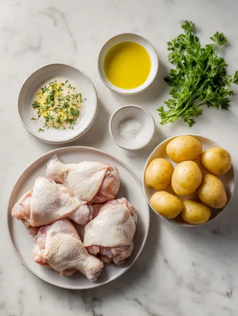 Ingredients for Garlic Ranch Chicken and Potatoes recipe on marble countertop.