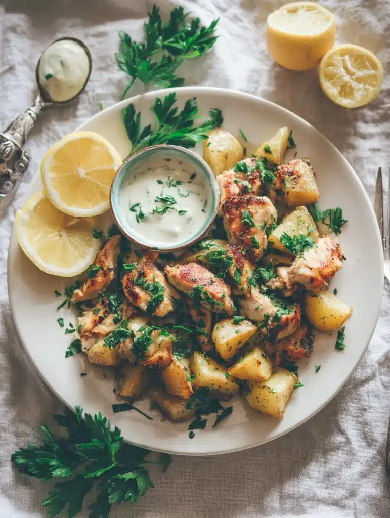 Plated Garlic Ranch Chicken and Potatoes with ranch dipping sauce.