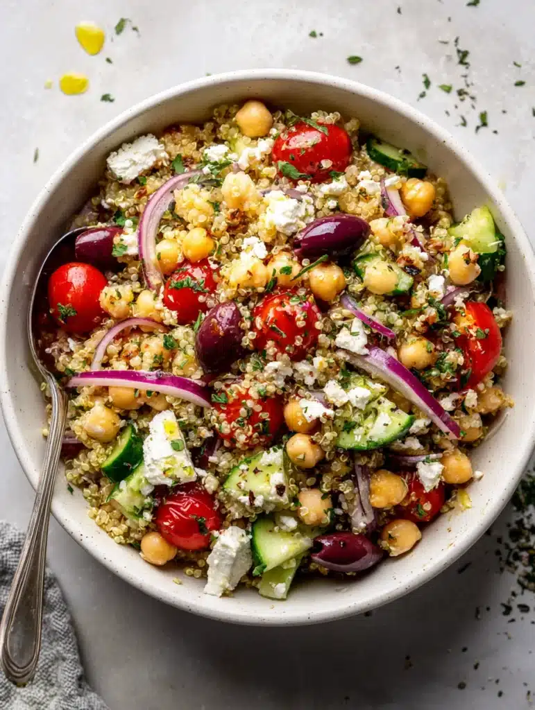 Served Greek quinoa salad bowl with feta and lemon wedge