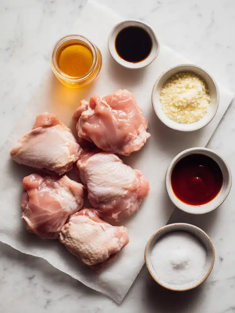 Ingredients for Honey Garlic Chicken Crockpot Dinner on wooden board.
