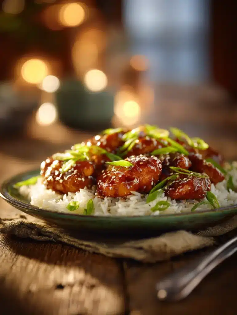 Honey Garlic Chicken served with rice, sesame seeds, and green onions.