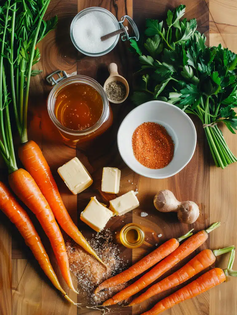 Ingredients for honey glazed carrots including honey, butter, and carrots