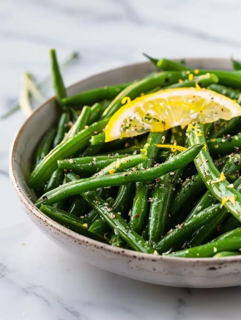 Garlic green beans with lemon butter served with roasted chicken and mashed potatoes