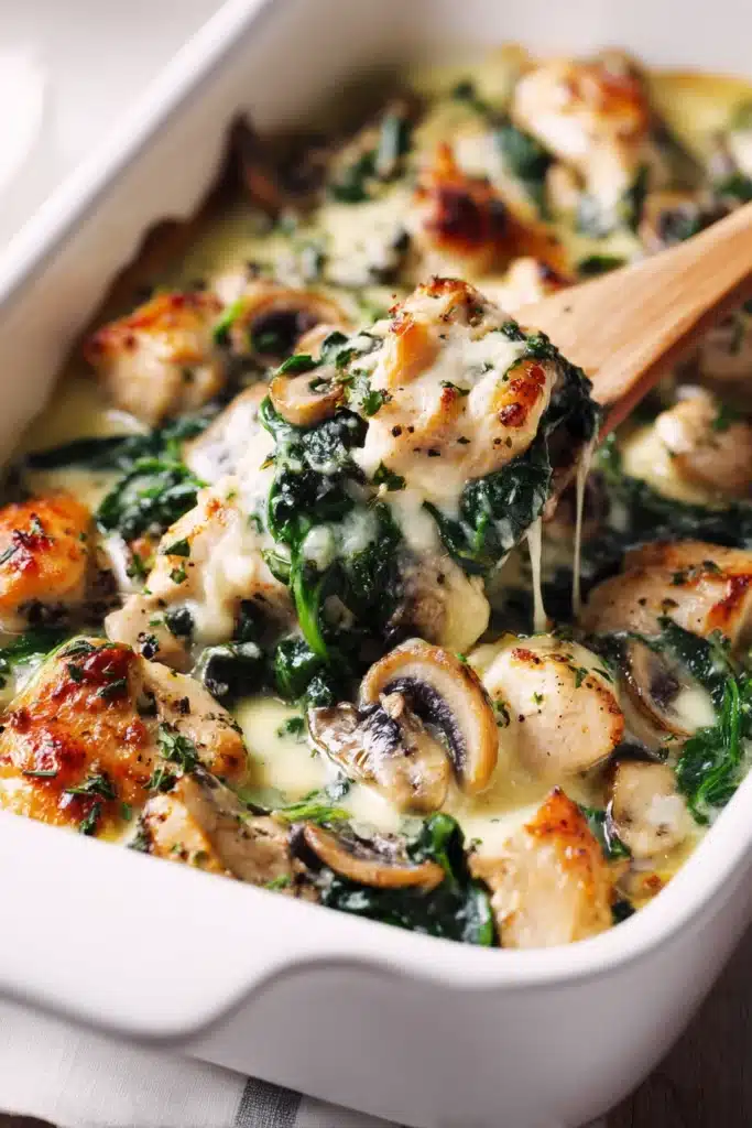 Serving a portion of low-carb chicken spinach mushroom bake on a white plate with golden melted cheese, spinach, and mushrooms, paired with a fresh side salad