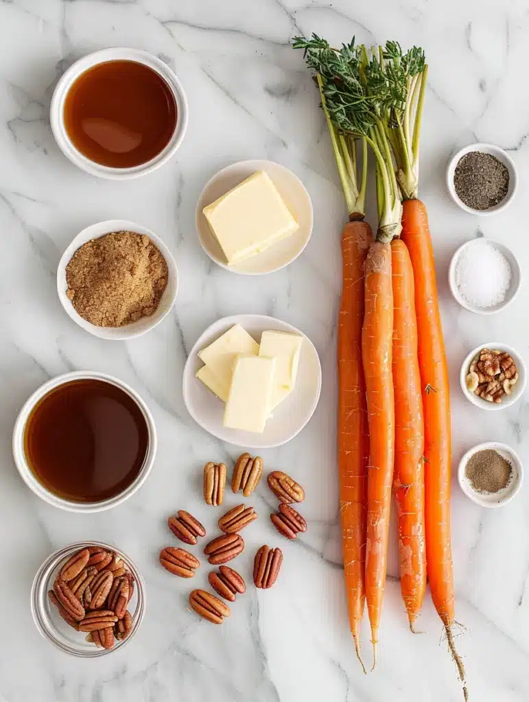 Ingredients for maple glazed sweet carrots with pecans on marble counter