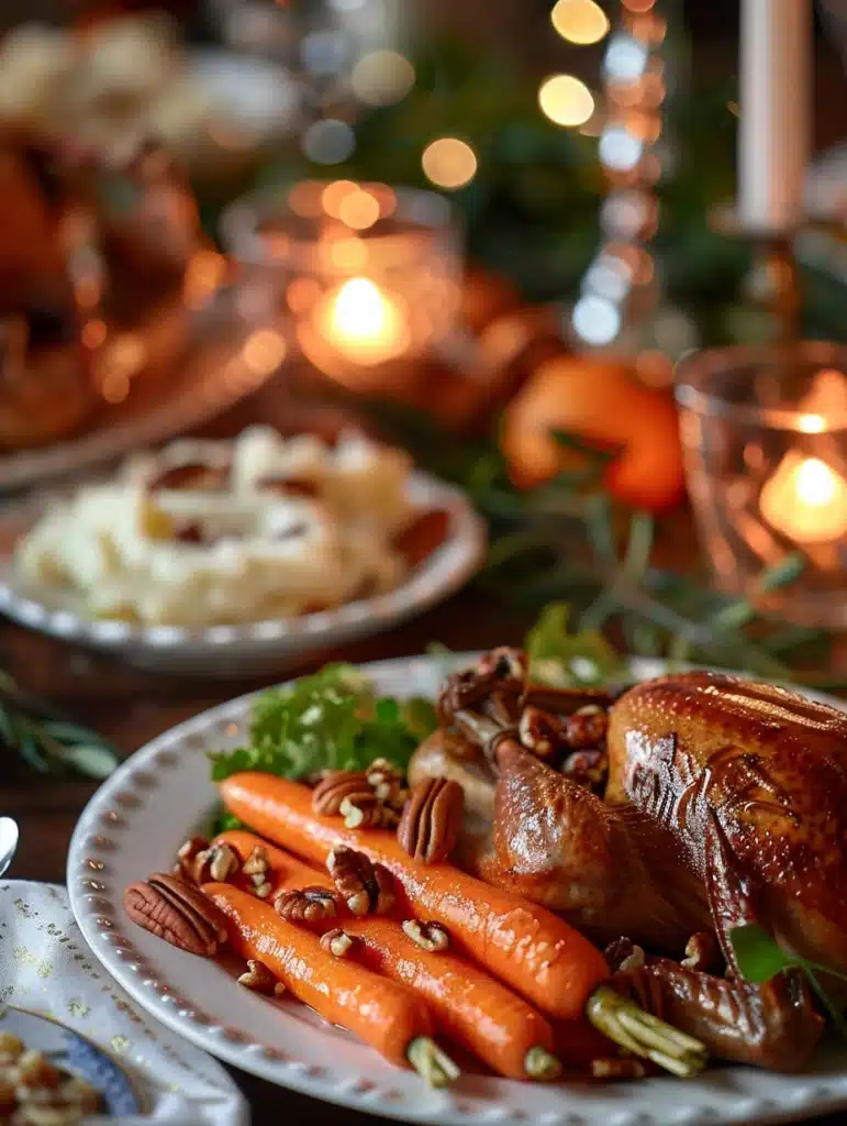 Maple glazed carrots with pecans served with turkey and mashed potatoes
