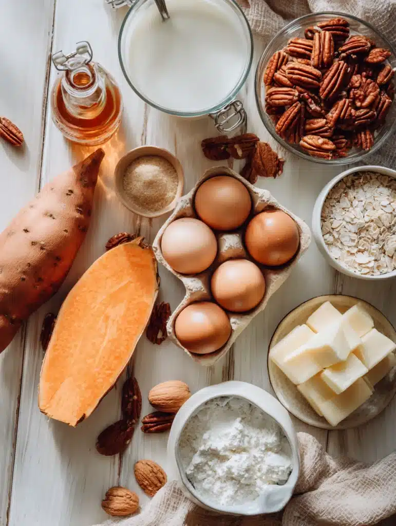Maple Pecan Sweet Potato Casserole ingredients flat lay