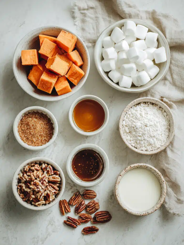 Ingredients for Mini Sweet Potato Casserole Cups flat lay