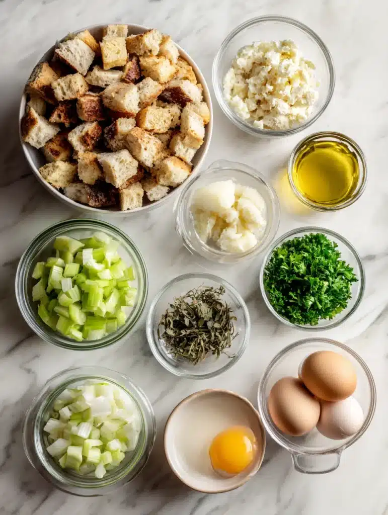 Ingredients for moist stuffing casserole arranged on marble counter
