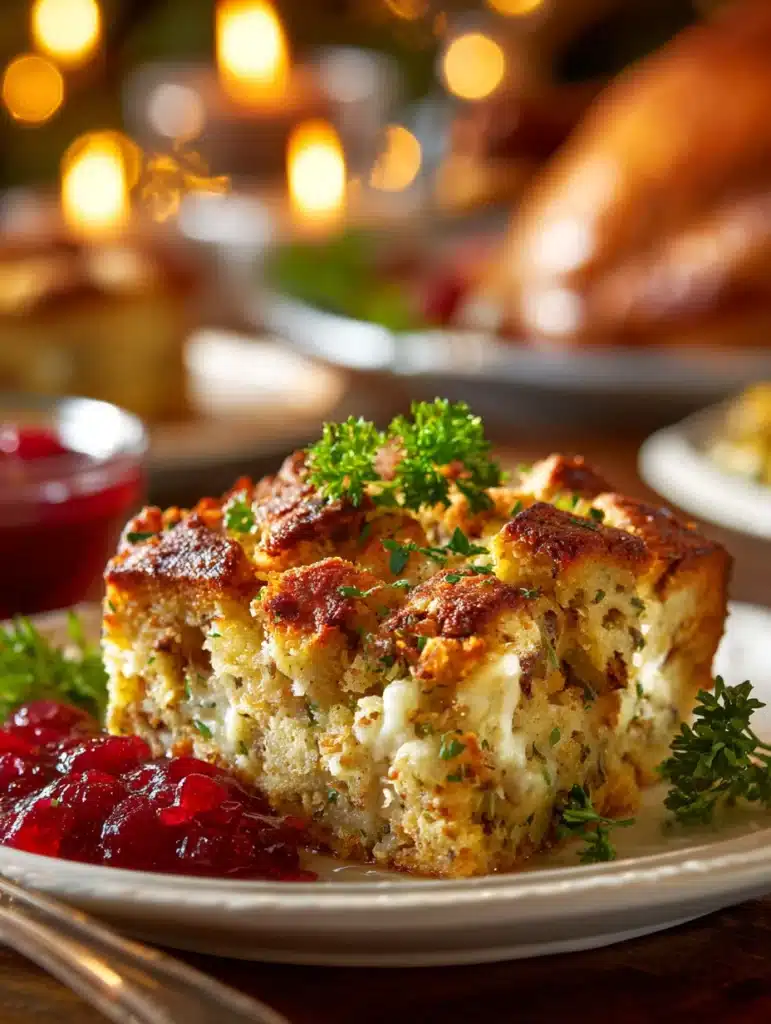 Moist stuffing casserole served on plate with turkey and cranberry sauce