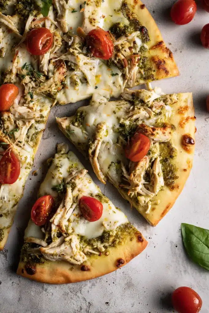Sliced pesto chicken flatbread served on a wooden board with fresh basil garnish.