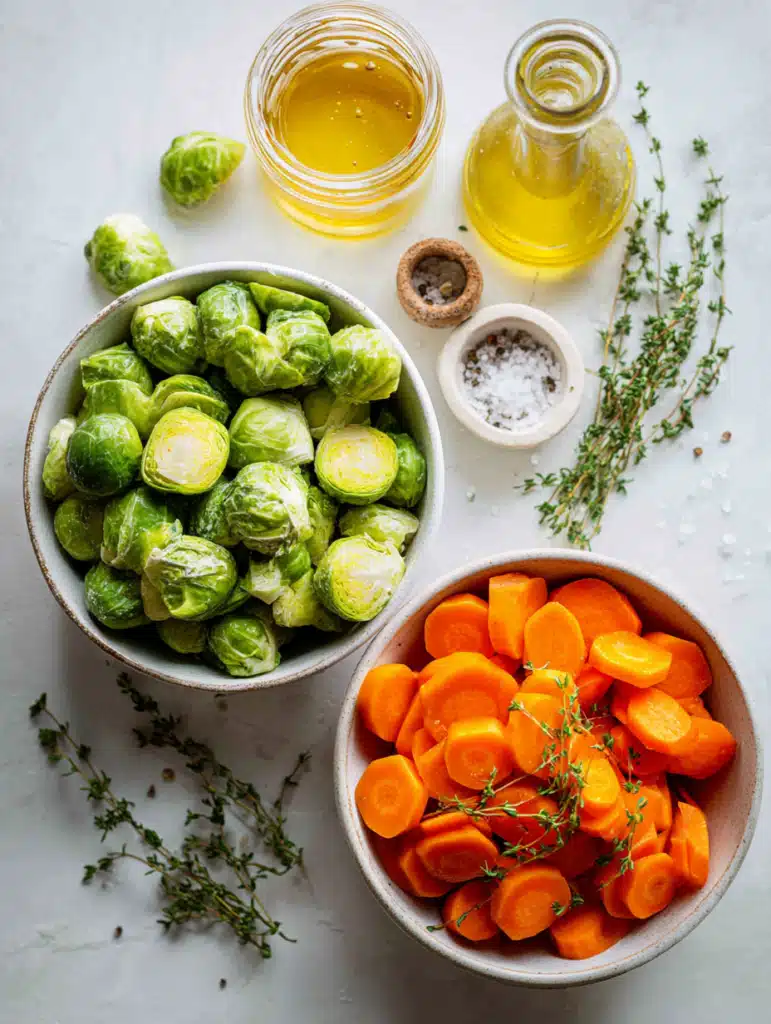 Ingredients for roasted Brussels sprouts and carrots with honey