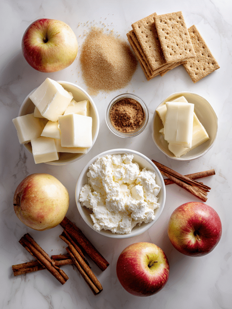 Salted Caramel Apple Pie Cheesecake ingredients flat lay