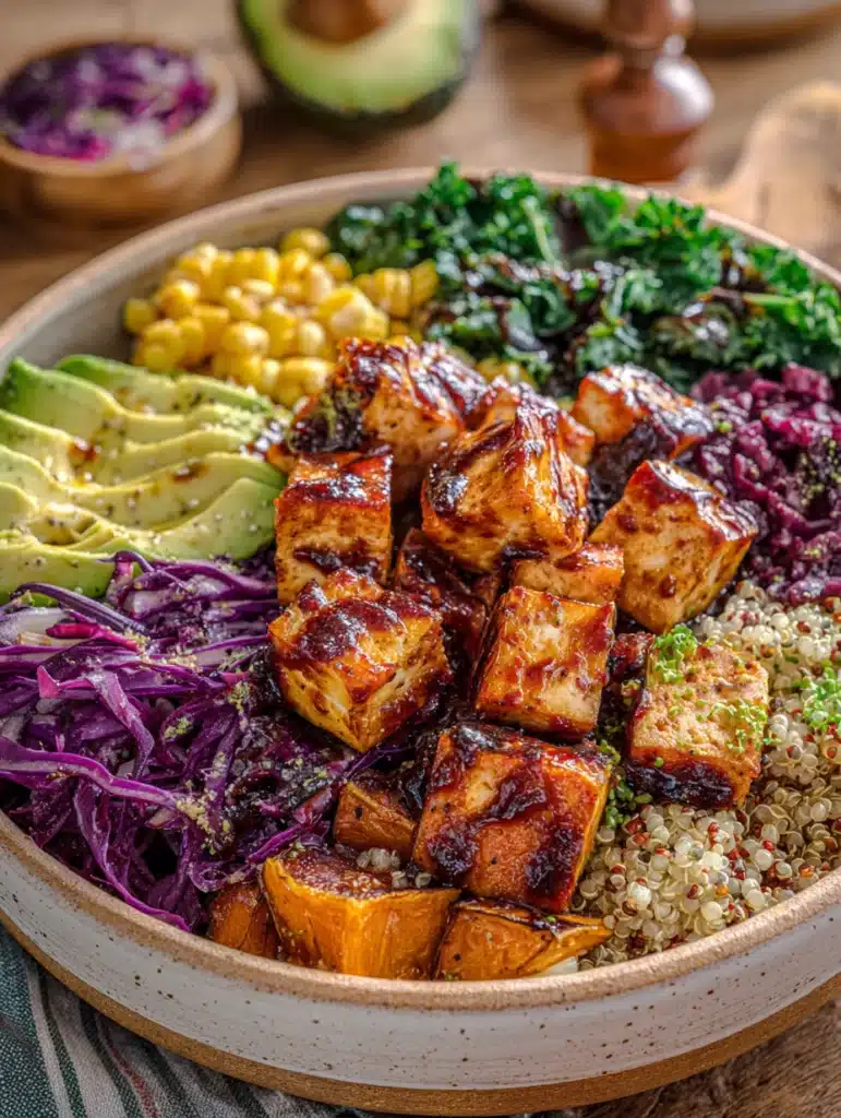 Served BBQ Tofu Bowl with sweet potatoes and avocado