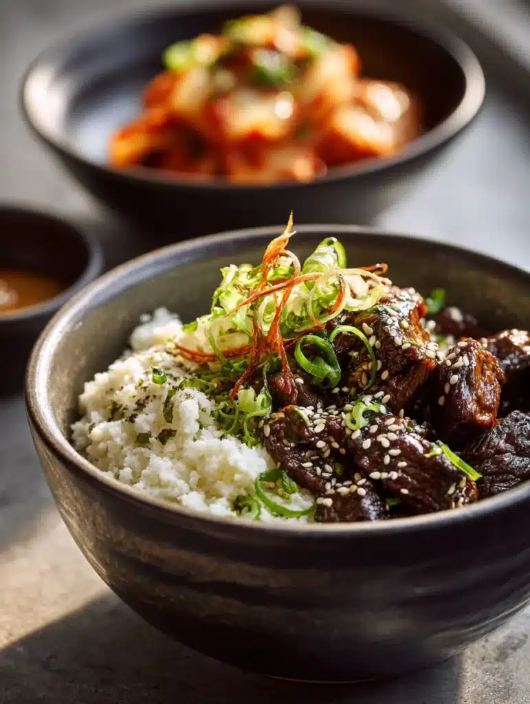 Served Korean Bulgogi Beef Bowl with cauliflower rice