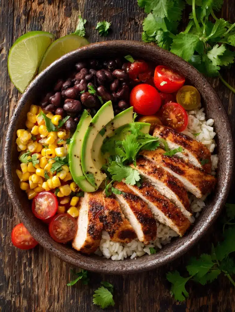 Served Southwest Chicken and Black Bean Bowl with lime wedge