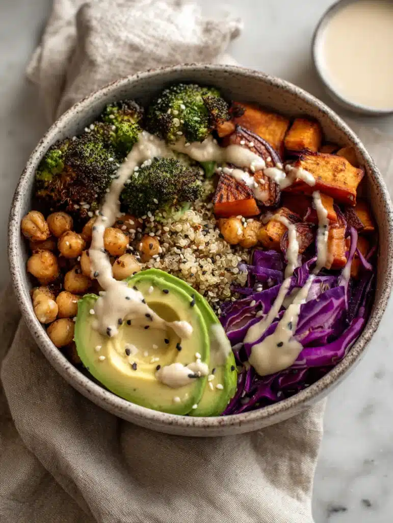 Served Vegan Buddha Bowl with roasted vegetables and tahini