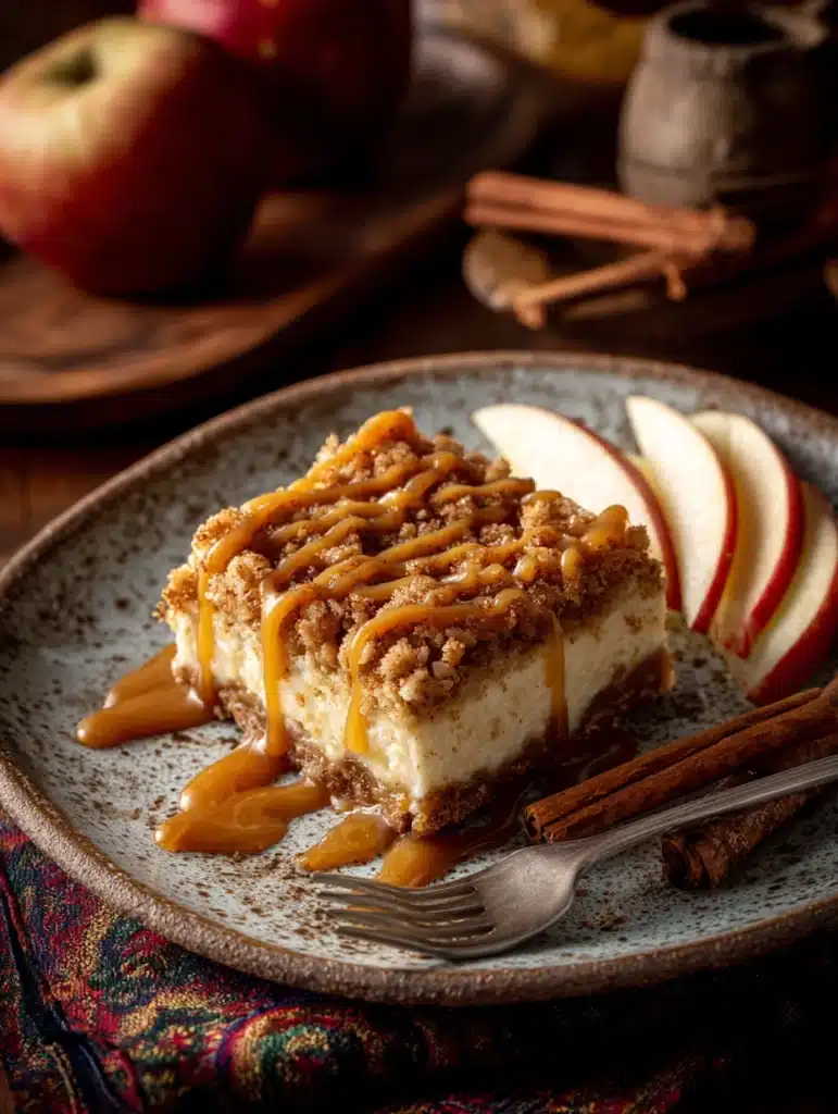 Apple Crumble Cheesecake Bar served with caramel drizzle