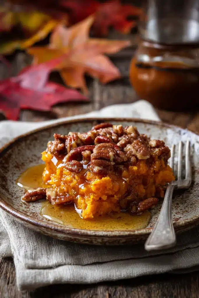 Served portion of Maple Pecan Sweet Potato Casserole with maple drizzle